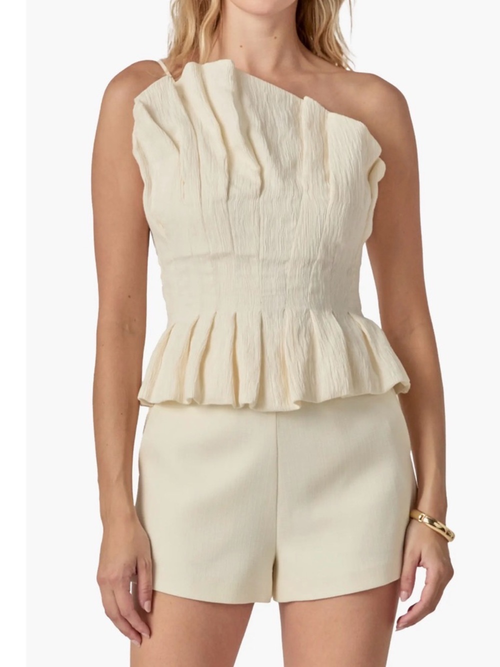 English Factory Ivory One-Shoulder Peplum Top